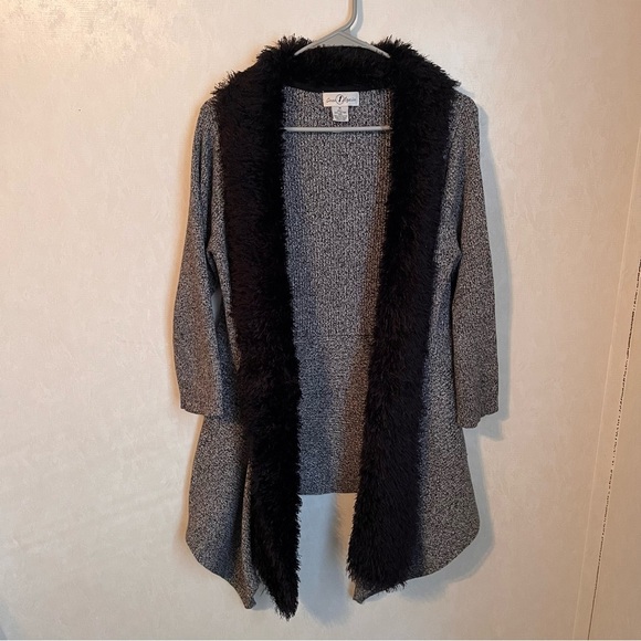Once Again Sweaters - Once Again Gray and Black Long Cardigan Sweater with Open Front Fur Shawl Collar